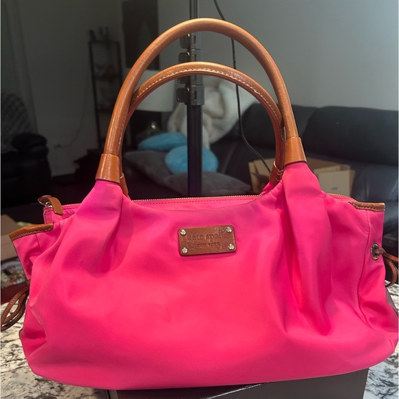 kate spade Handbags - kate spade Hot Pink Nylon Satchel with Brown Leather Handles EUC